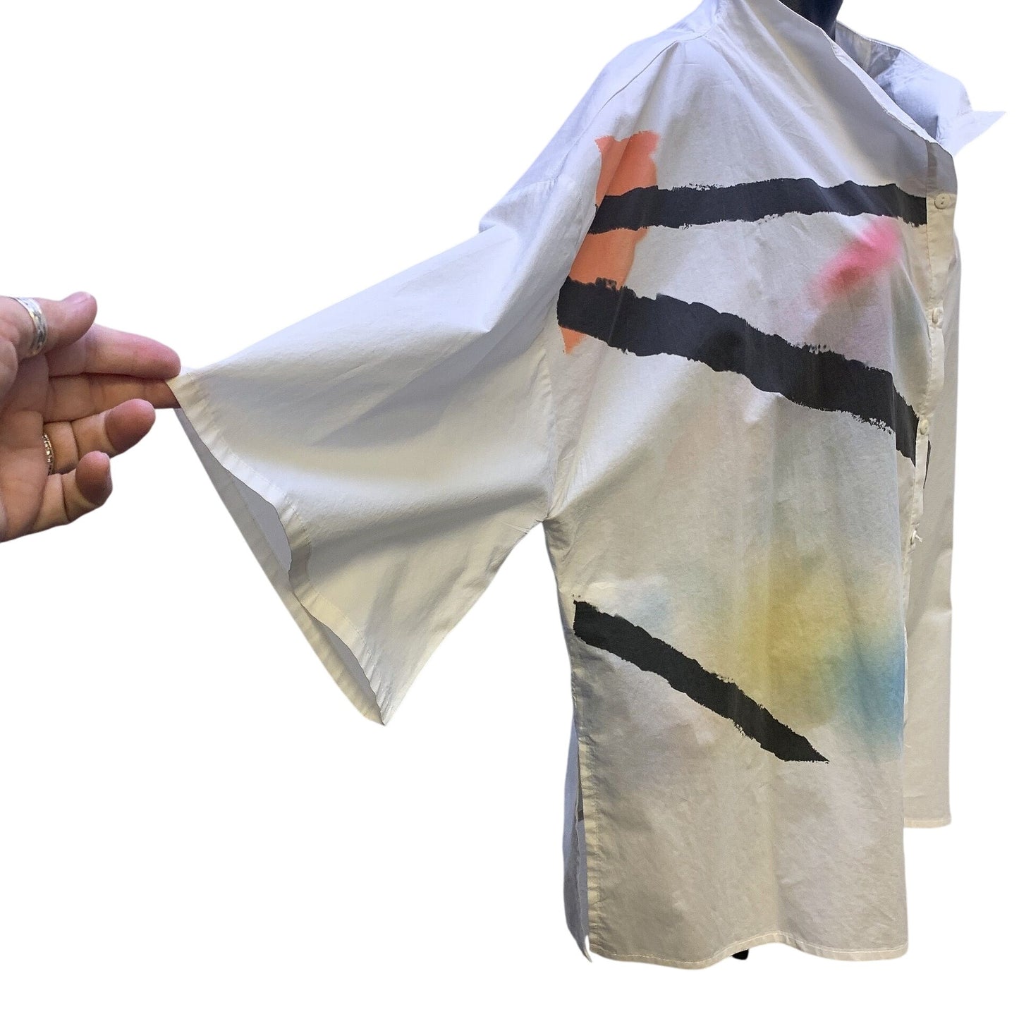 Ozai N Ku White & Multicolored Abstract Button-Up Blouse, Size 2XL
