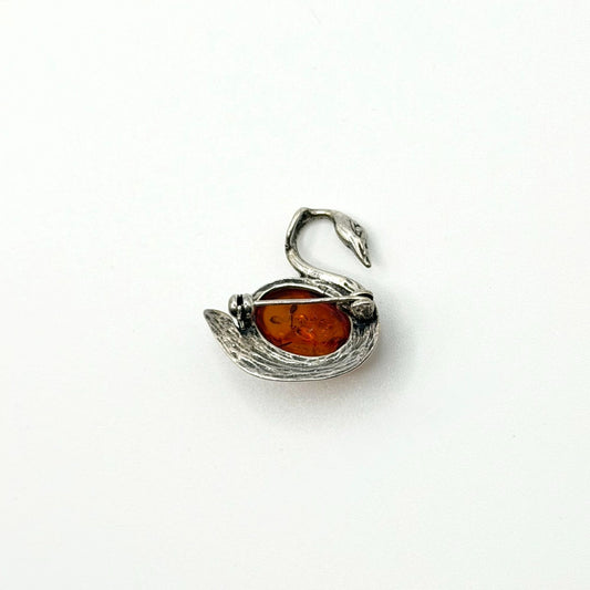 925 Sterling Silver Swan Brooch Pin Pendant With Baltic Honey Amber