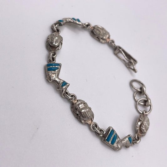 Vintage 925 Sterling Silver Egyptian Nefertiti Scarab Bracelet Blue Enamel Accents Adjustable Clasp 7"-8"