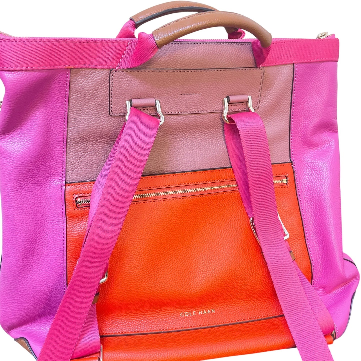 Cole Haan Womens Colorblock Leather Backpack With Adjustable Straps & Multiple Compartments