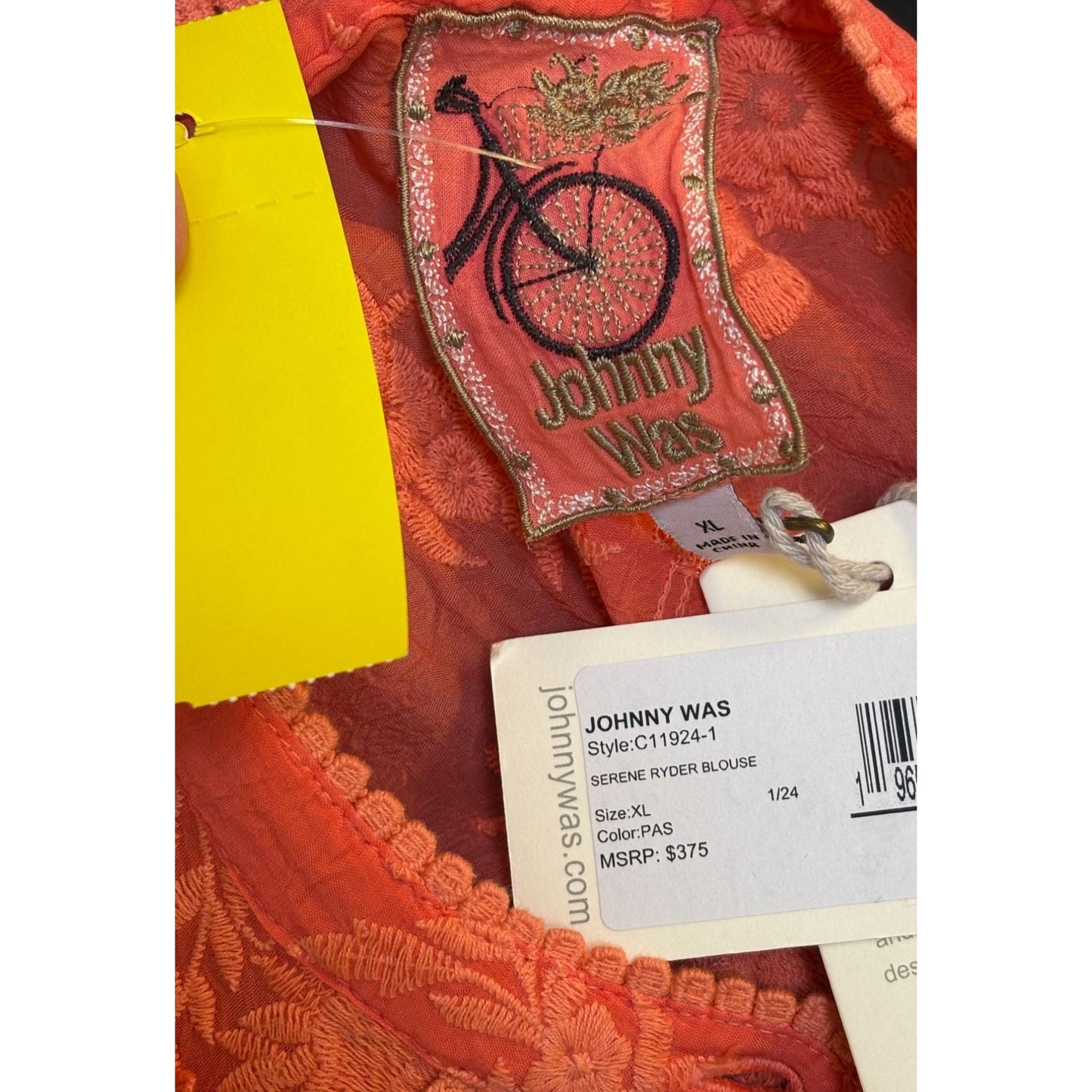 NWT Johnny Was Serene Ryder Embroidered Silk Blouse Orange XL Long Sleeve