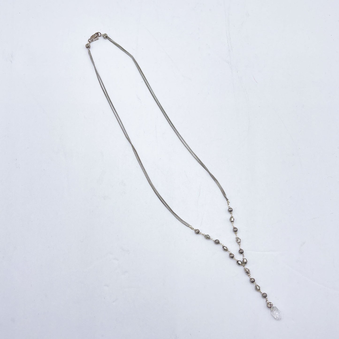 925 Silver Double Chain Beaded Necklace With Clear Quartz Pendant & Lobster Clasp