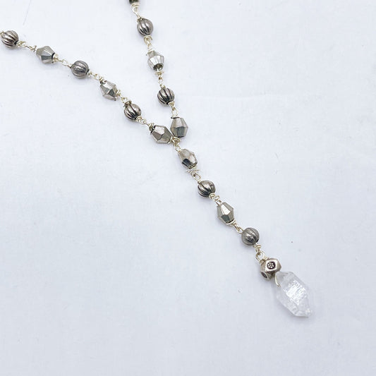 925 Silver Double Chain Beaded Necklace With Clear Quartz Pendant & Lobster Clasp