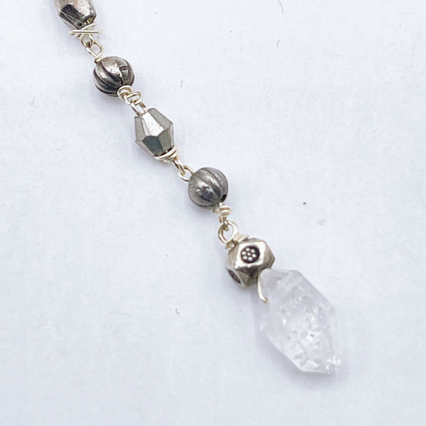 925 Silver Double Chain Beaded Necklace With Clear Quartz Pendant & Lobster Clasp