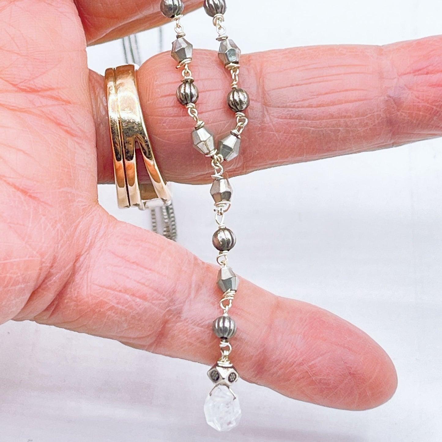925 Silver Double Chain Beaded Necklace With Clear Quartz Pendant & Lobster Clasp