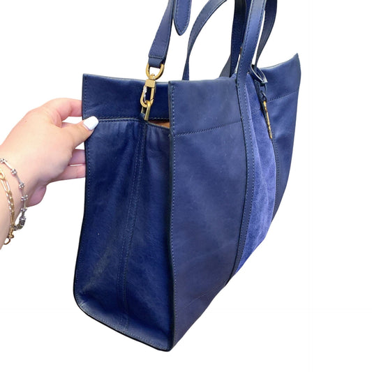 Fossil Large Blue Leather & Suede Tote Bag With Gold Hardware & Key Accent
