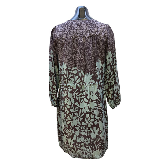 Johnny Was Purple & Mint Silk Floral Print Boho Dress w/Tie Neck Size S