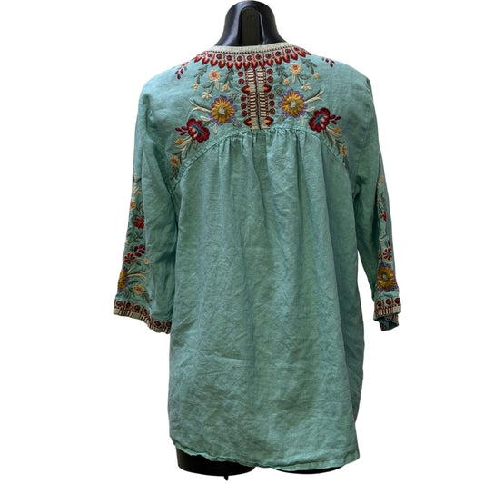 Johnny Was Linen Embroidered Tunic Blouse With Floral Designs In Aqua M