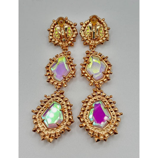 Kendra Scott Crystal Iridescent Gold Triple Drop Clip On Earrings
