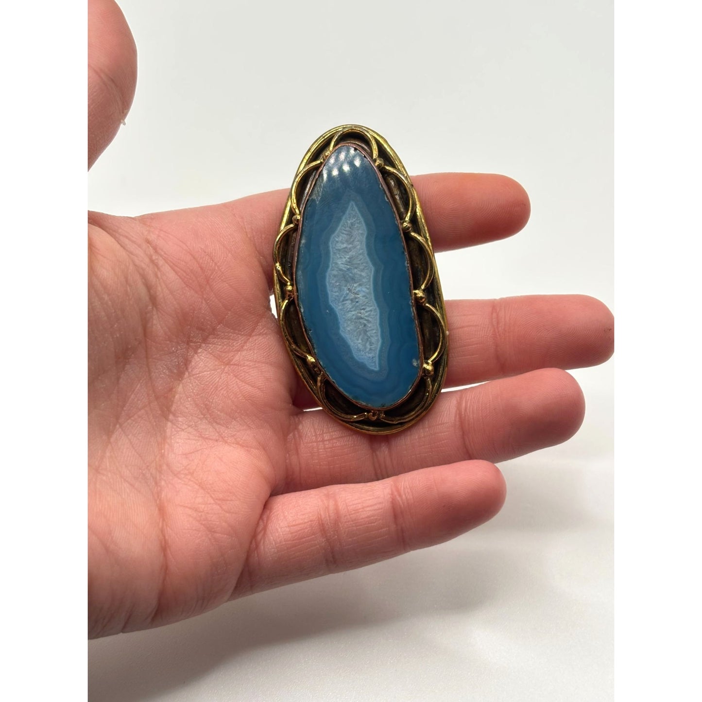 Handcrafted Blue Druzy Agate Statement Ring Mixed Metal Artisan Design
