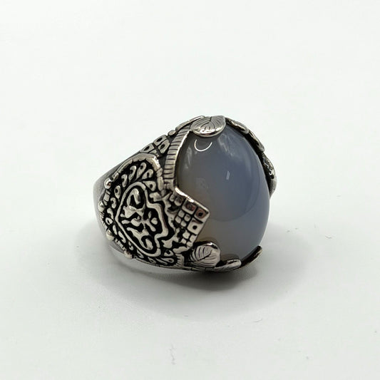 Vintage Silver Statement Ring With Ornate Engravings & Oval Stone