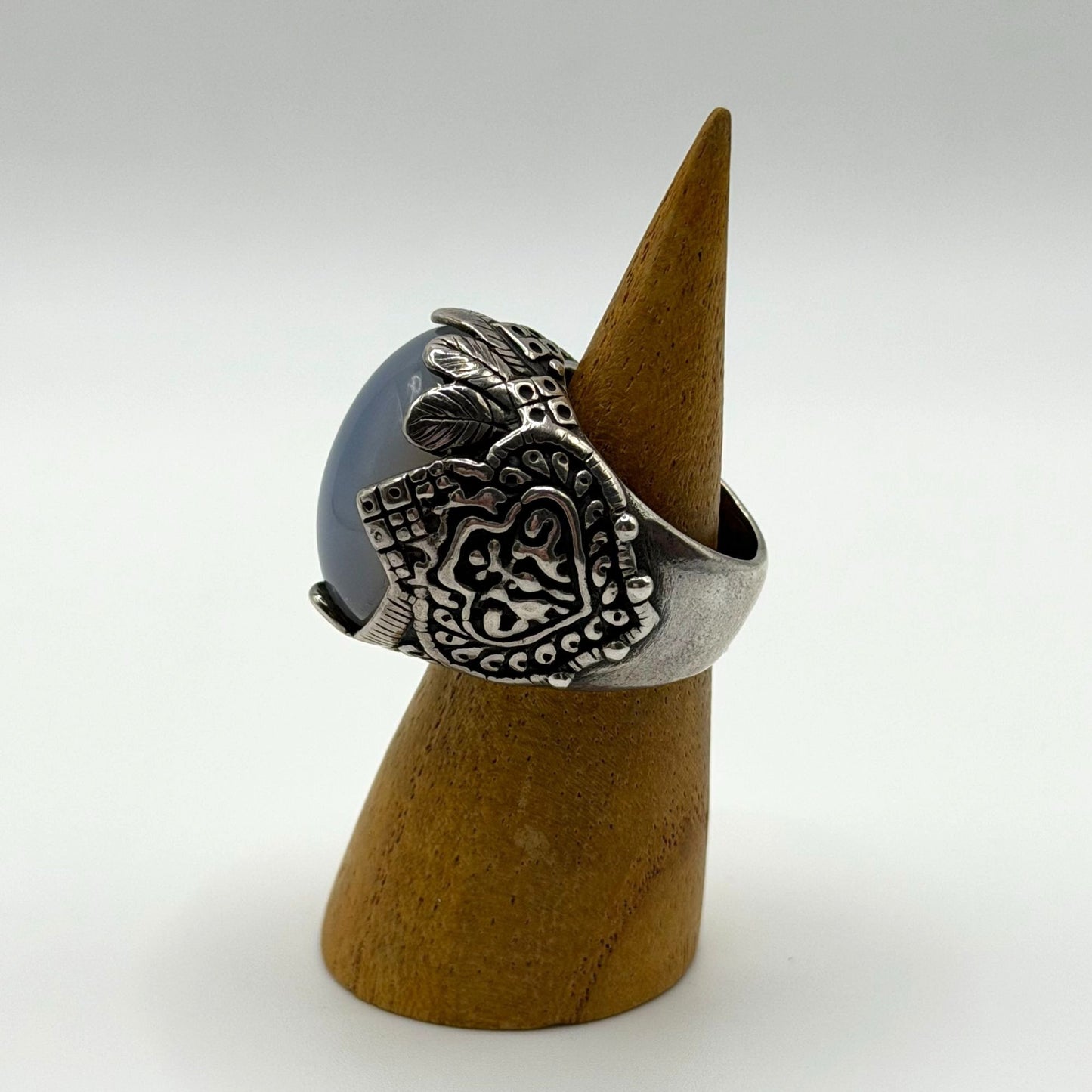 Vintage Silver Statement Ring With Ornate Engravings & Oval Stone