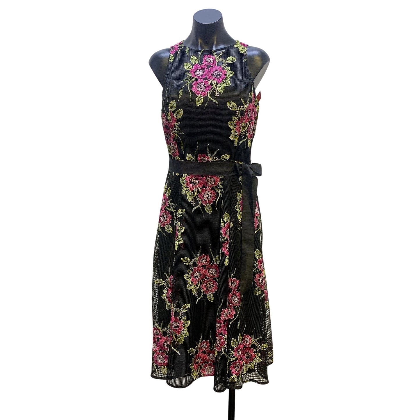 Tahari Arthur S. Levine Black & Pink Floral Embroidered Mesh Dress, Size 6