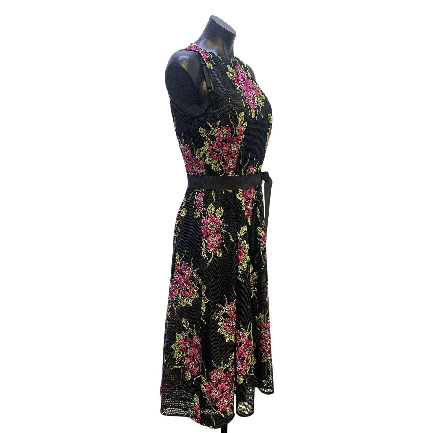 Tahari Arthur S. Levine Black & Pink Floral Embroidered Mesh Dress, Size 6