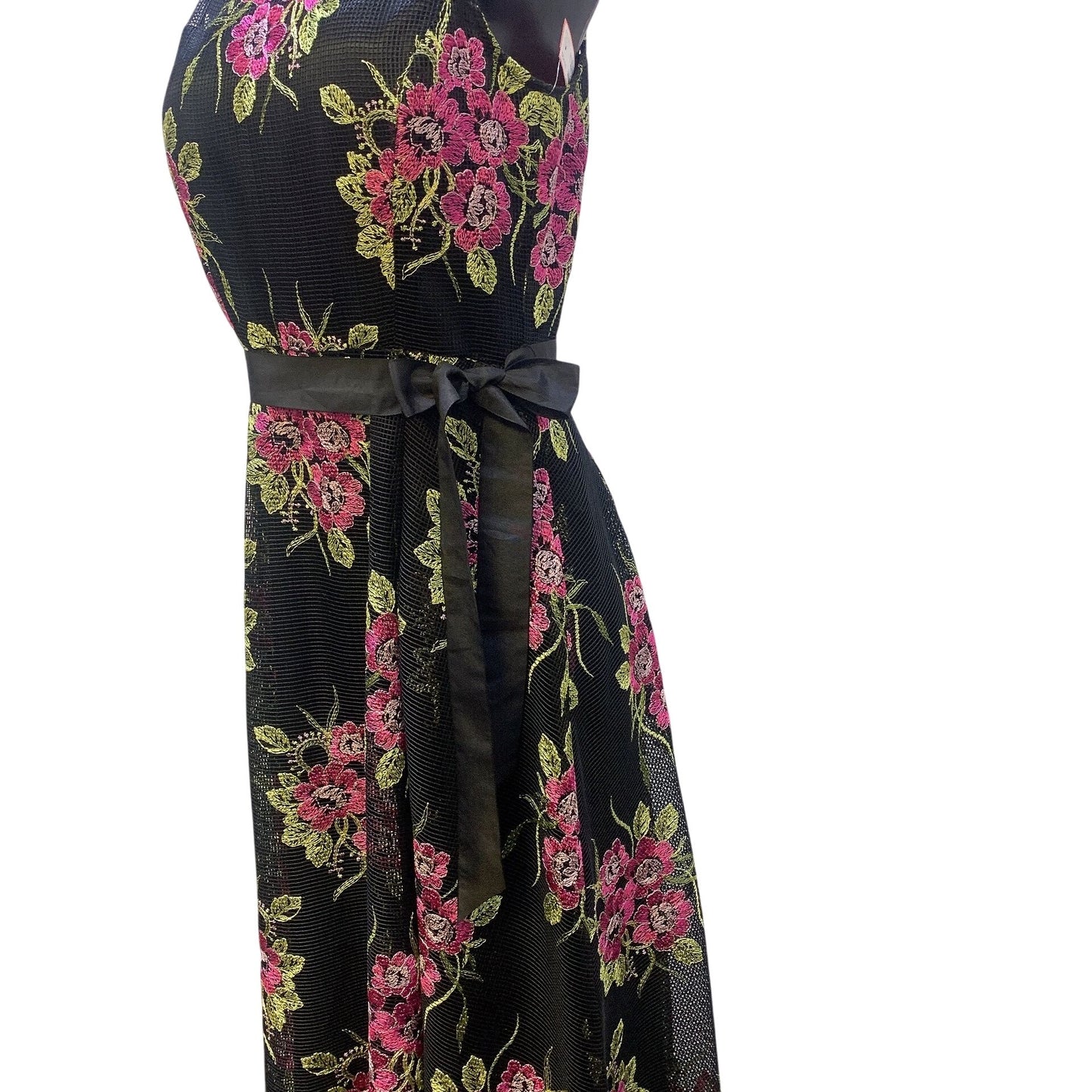 Tahari Arthur S. Levine Black & Pink Floral Embroidered Mesh Dress, Size 6