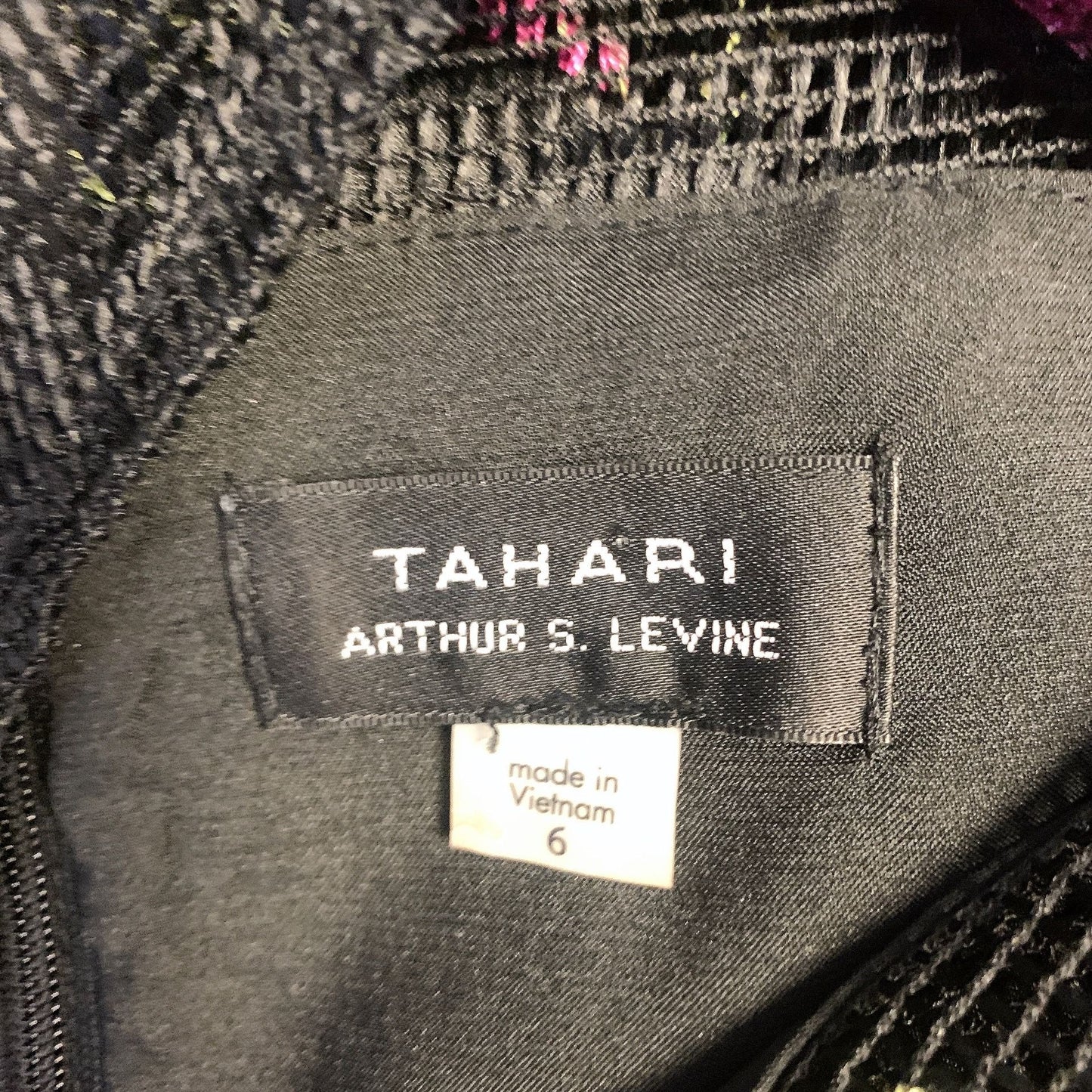 Tahari Arthur S. Levine Black & Pink Floral Embroidered Mesh Dress, Size 6