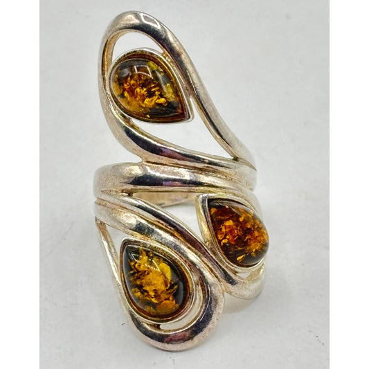 Sterling Silver 925 Amber Statement Ring Modern Swirl Design Size 5