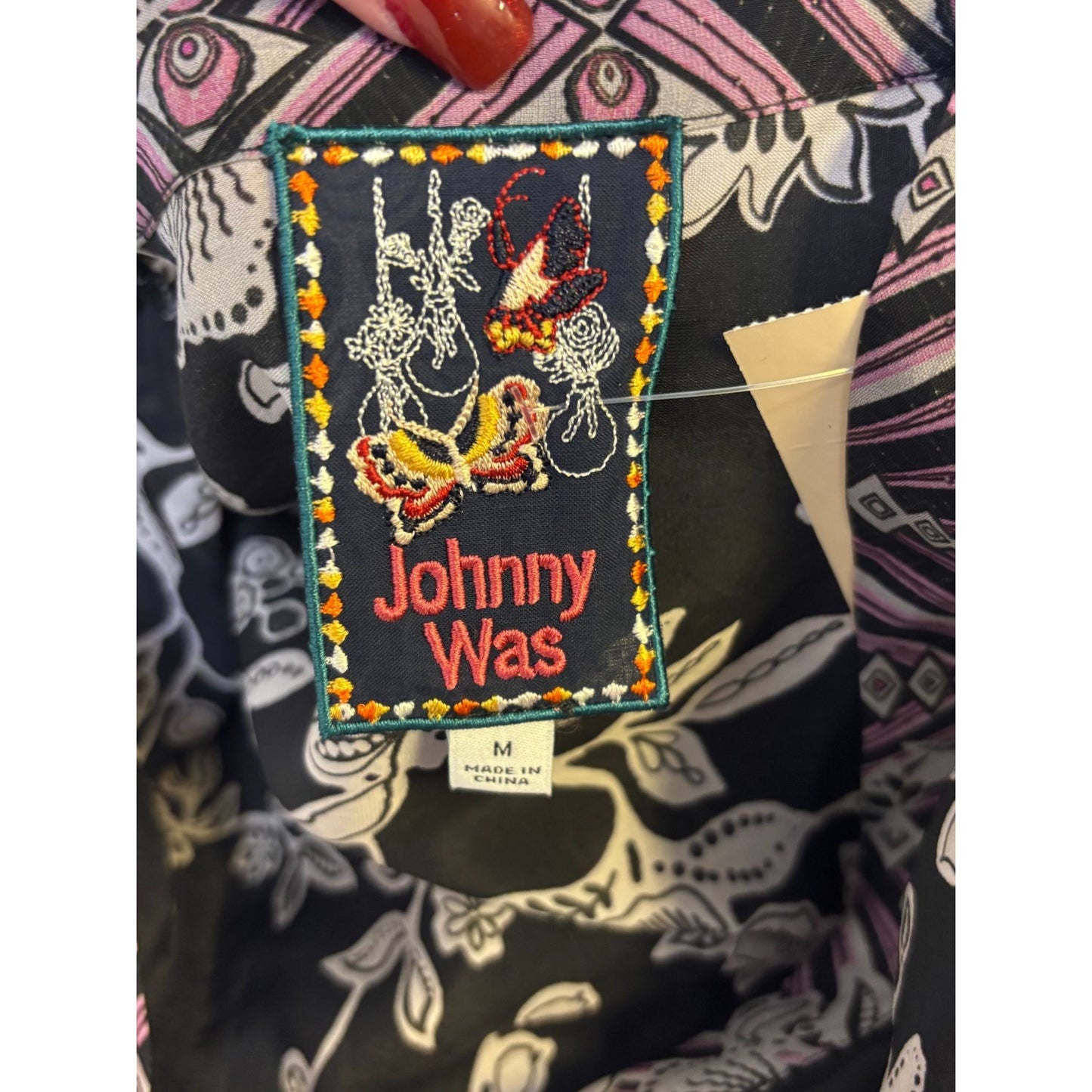 Johnny Was Black Floral Kimono Blouse With Fringe & Button Closure M