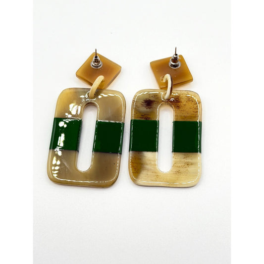 Vintage-Inspired Geometric Dangle Earrings With Green & Beige Acrylic Accents