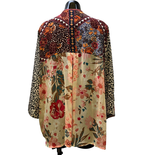John Mark Embroidered Open Front Cardigan Rust Multi Floral & Leopard Print XL