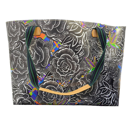 Consuela Tote Bag Black Floral Print With Green Handles & Leather Accents