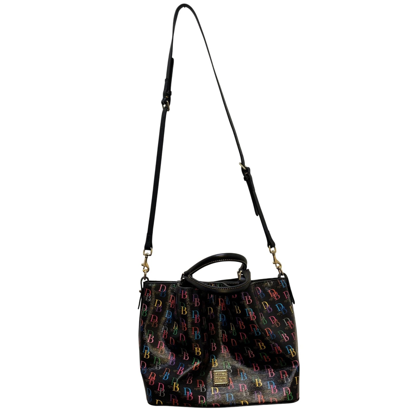 Dooney & Bourke Shoulder Bag With Multicolor DB 1975 Logo Pattern & Leather Straps