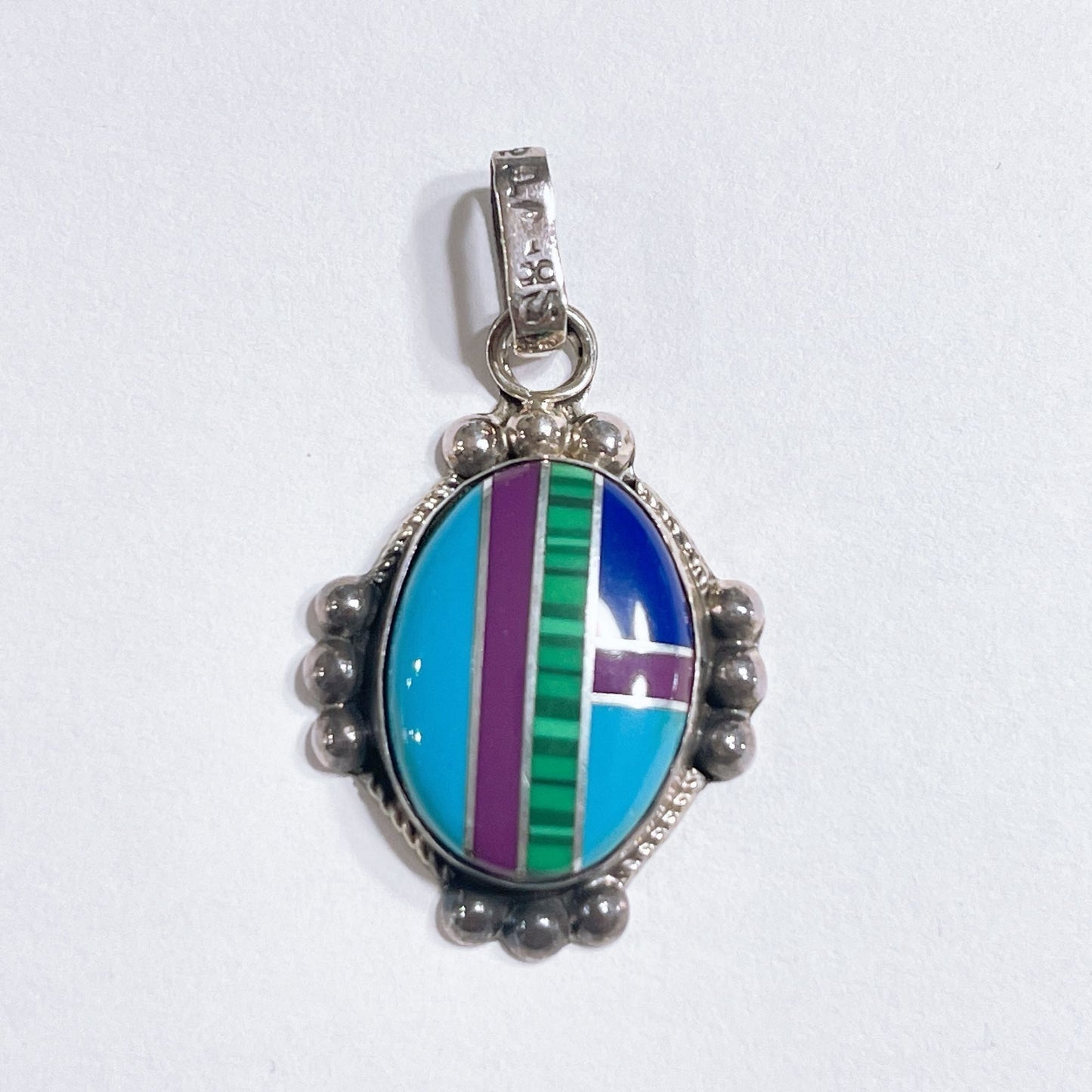 Sterling Silver Multi Gemstone Navajo Pendant With Inlay Design