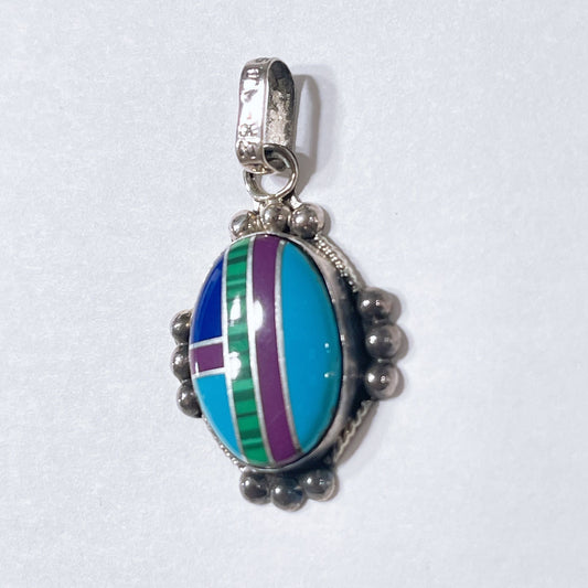 Sterling Silver Multi Gemstone Navajo Pendant With Inlay Design