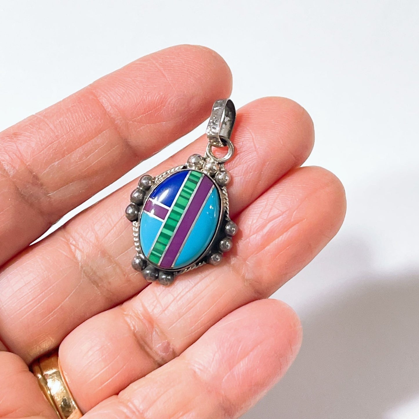 Sterling Silver Multi Gemstone Navajo Pendant With Inlay Design