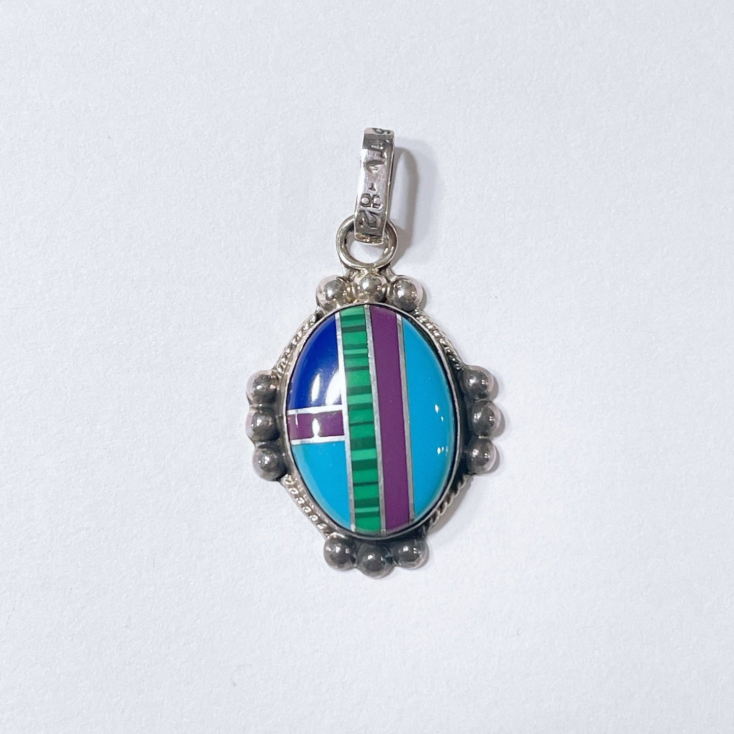 Sterling Silver Multi Gemstone Navajo Pendant With Inlay Design