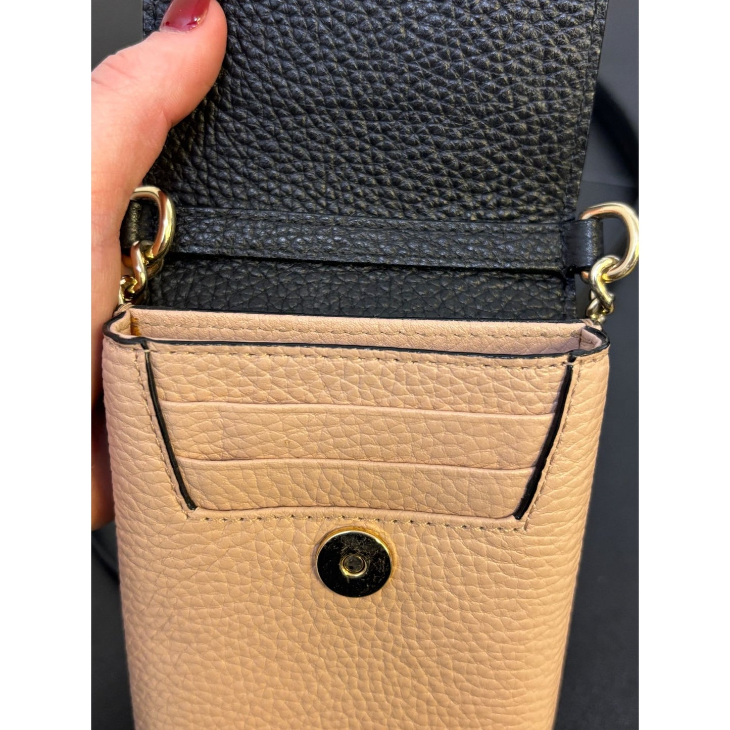 Kate Spade New York Phone Crossbody Bag Black Beige Leather Chain Strap