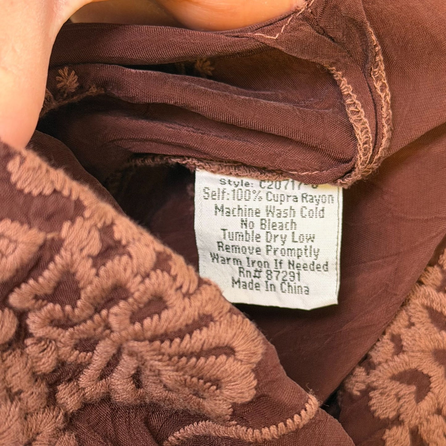 Johnny Was Brown Embroidered Silk Tunic Long Sleeve L