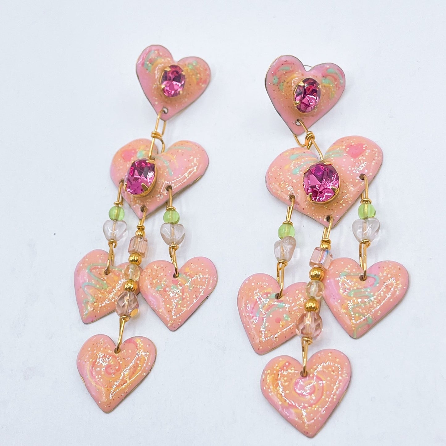 Lunch At The Ritz Pink Heart Dangle Earrings W/ Rhinestones & Beads Gold Tone Backing Handcrafted Statement Jewelry