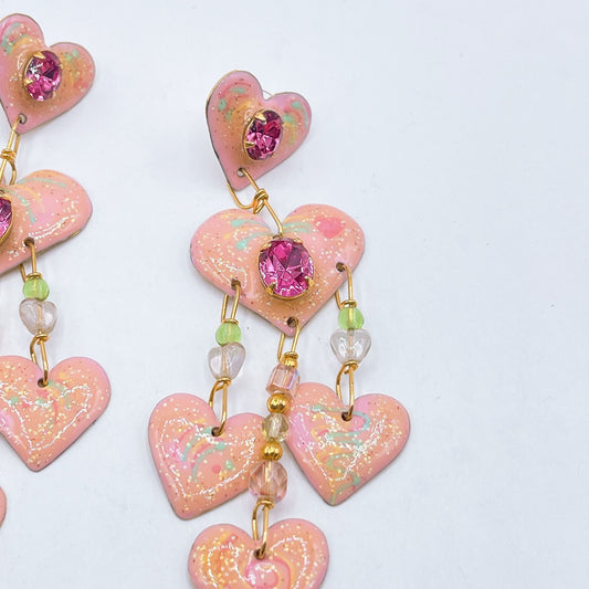 Lunch At The Ritz Pink Heart Dangle Earrings W/ Rhinestones & Beads Gold Tone Backing Handcrafted Statement Jewelry