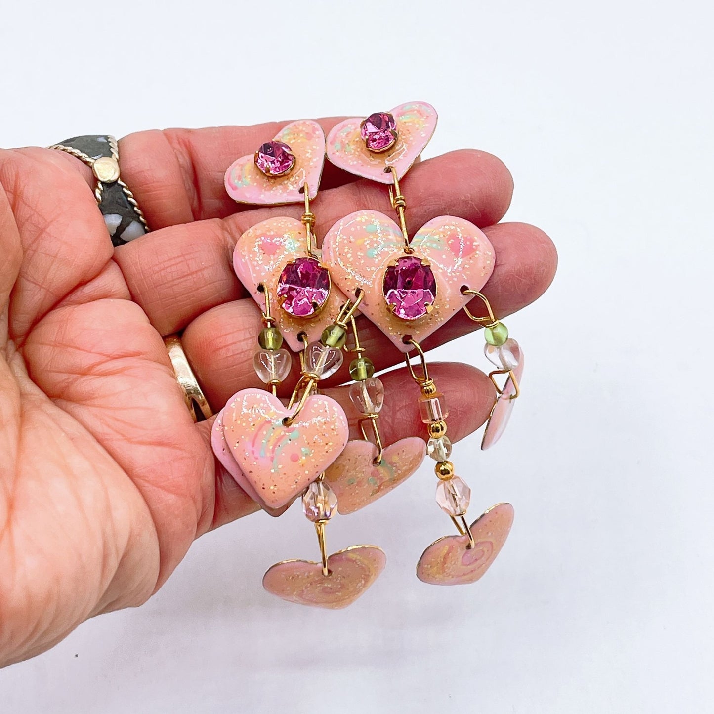 Lunch At The Ritz Pink Heart Dangle Earrings W/ Rhinestones & Beads Gold Tone Backing Handcrafted Statement Jewelry