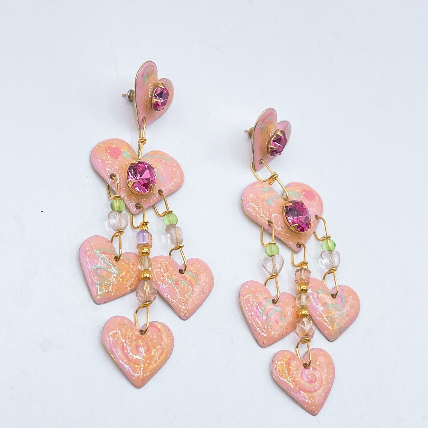 Lunch At The Ritz Pink Heart Dangle Earrings W/ Rhinestones & Beads Gold Tone Backing Handcrafted Statement Jewelry