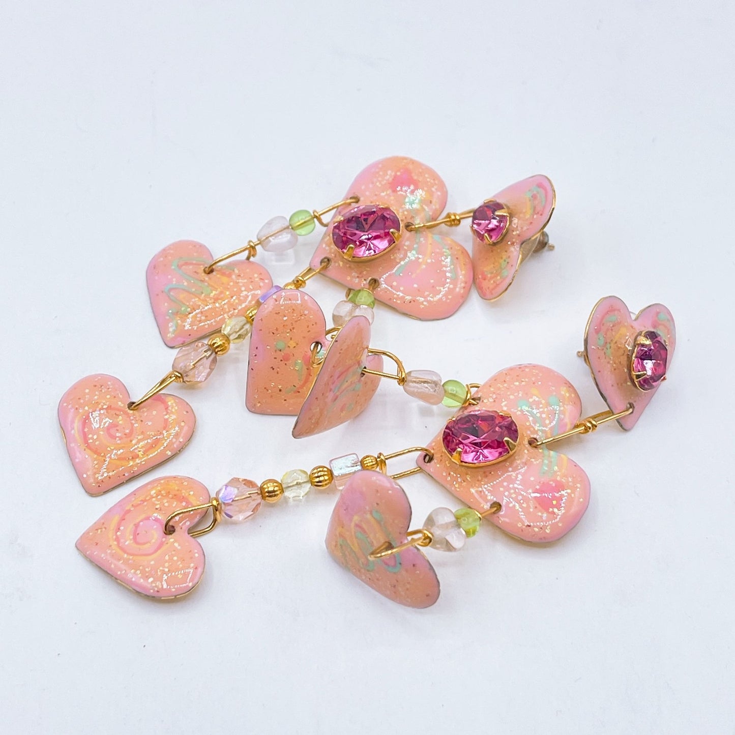 Lunch At The Ritz Pink Heart Dangle Earrings W/ Rhinestones & Beads Gold Tone Backing Handcrafted Statement Jewelry