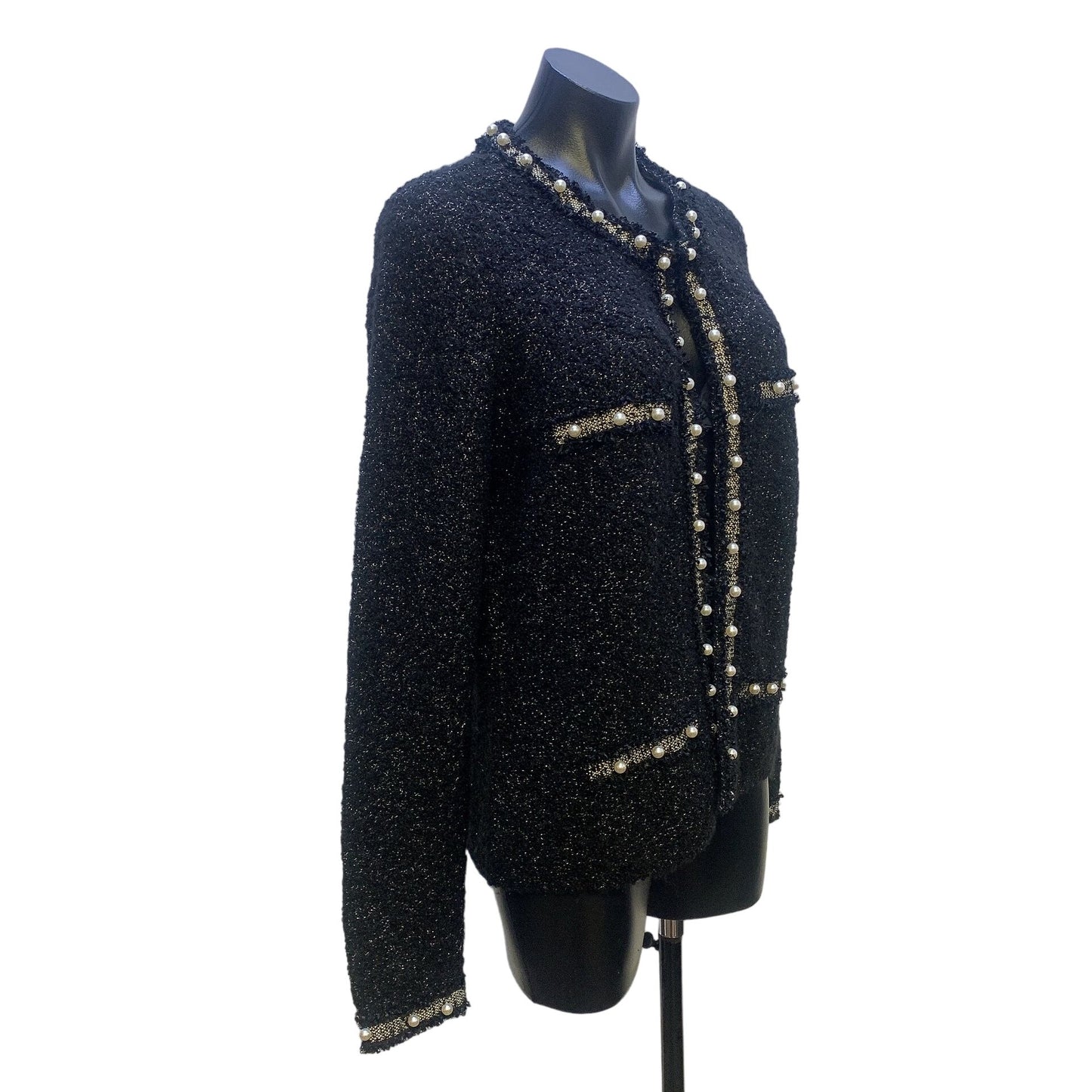NWT White House Black Market Black w/ Metallic Gold & Pearl Trim Cardigan Size Large