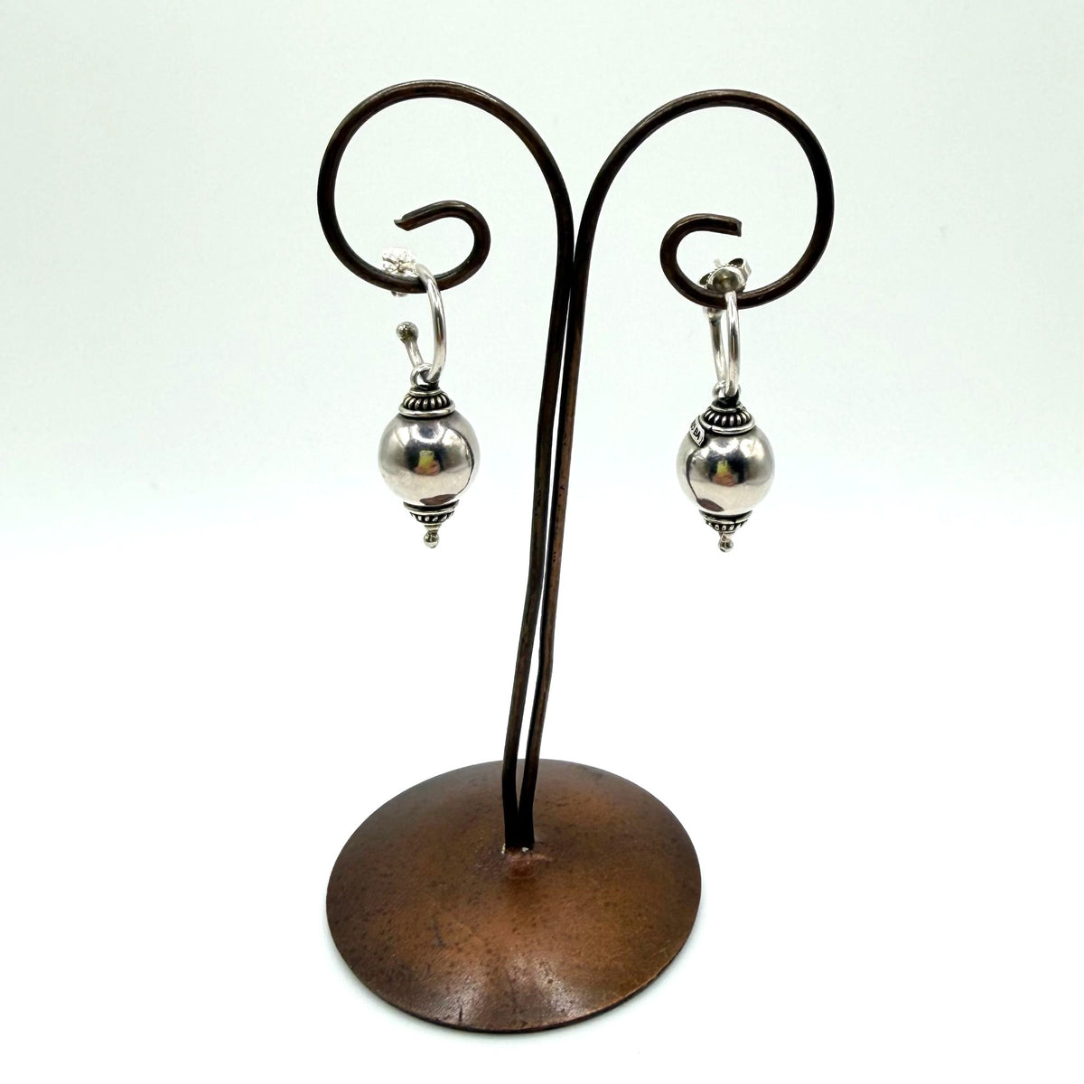 Bali 925 Sterling Silver Hoop Earrings With Ornate Bead Accents