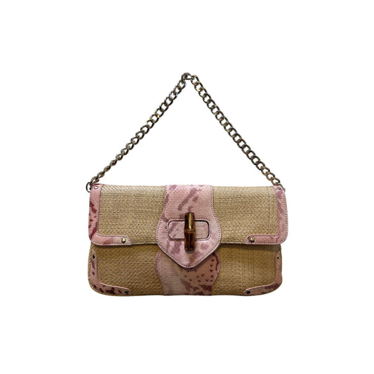 NWT Elaine Turner Pink Python-Accented Straw Clutch w/Gold Chain Strap