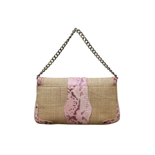 NWT Elaine Turner Pink Python-Accented Straw Clutch w/Gold Chain Strap