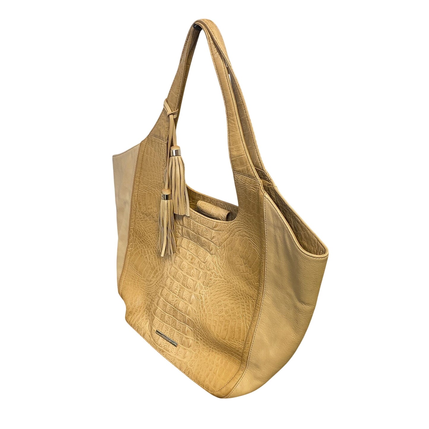 Brahmin Beige Croc-Embossed Leather Shoulder Bag With Tassel Accent