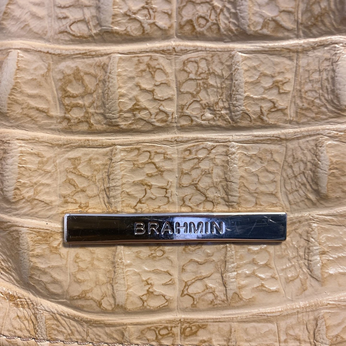 Brahmin Beige Croc-Embossed Leather Shoulder Bag With Tassel Accent
