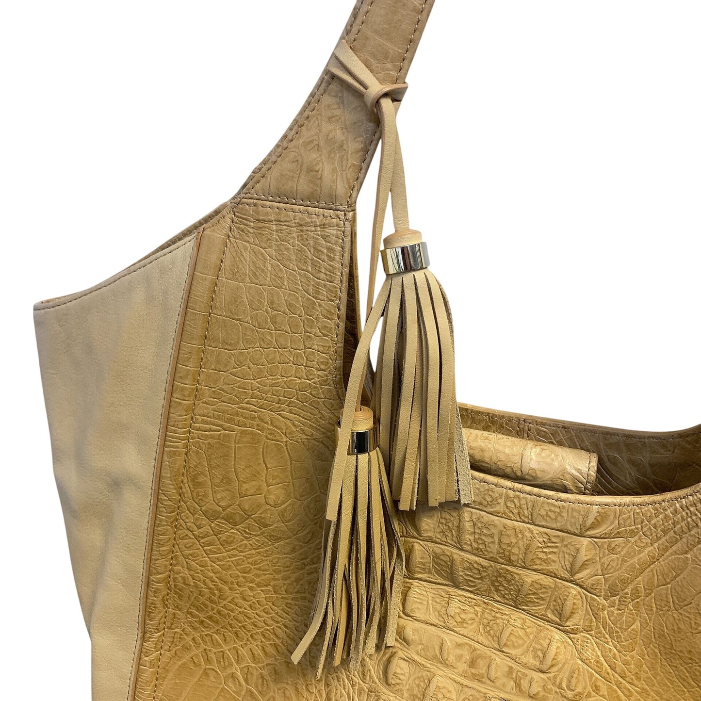 Brahmin Beige Croc-Embossed Leather Shoulder Bag With Tassel Accent