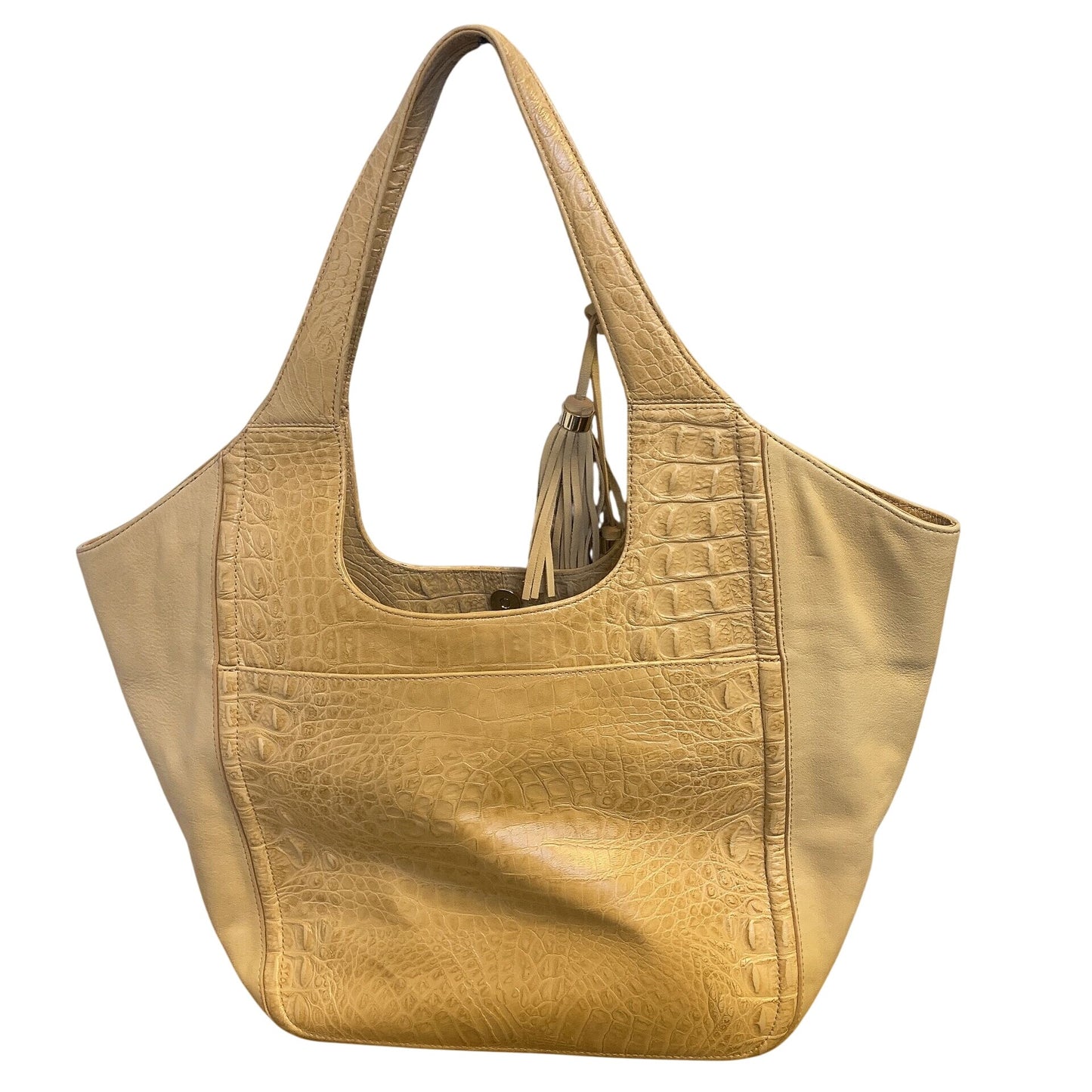 Brahmin Beige Croc-Embossed Leather Shoulder Bag With Tassel Accent