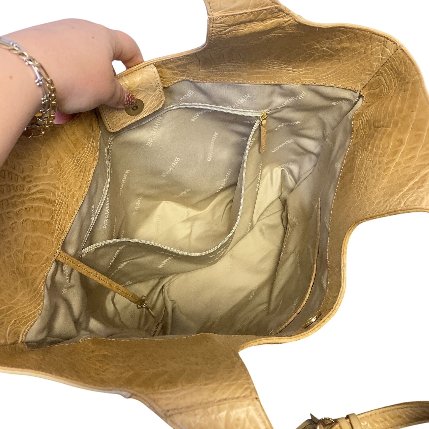 Brahmin Beige Croc-Embossed Leather Shoulder Bag With Tassel Accent