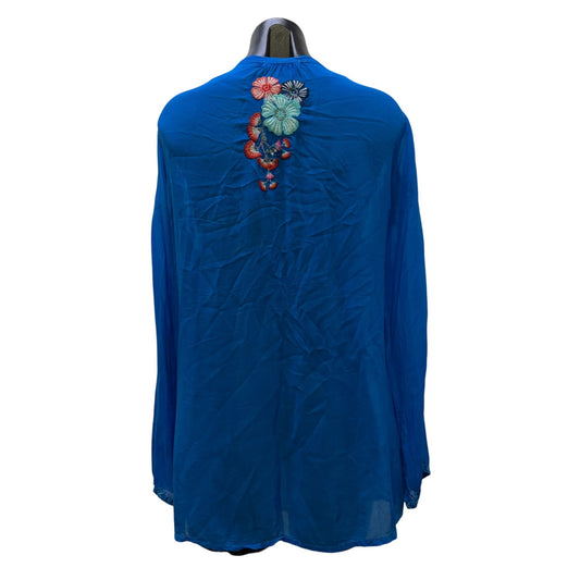 Johnny Was Blue Floral Embroidered Blouse With Long Sleeves Size L
