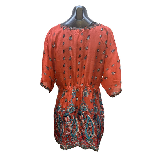 Johnny Was Silk Coral Sheer Floral Tunic Top w/Lace Trim Size L