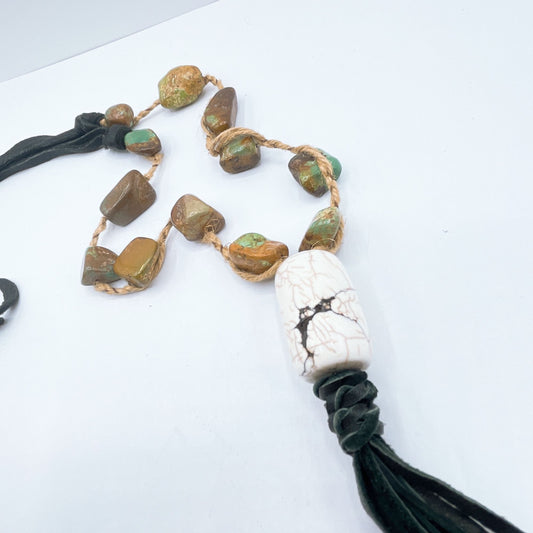 White Pendant Stone Beaded Macrame Necklace With Black Leather Tassel & Adjustable Chain