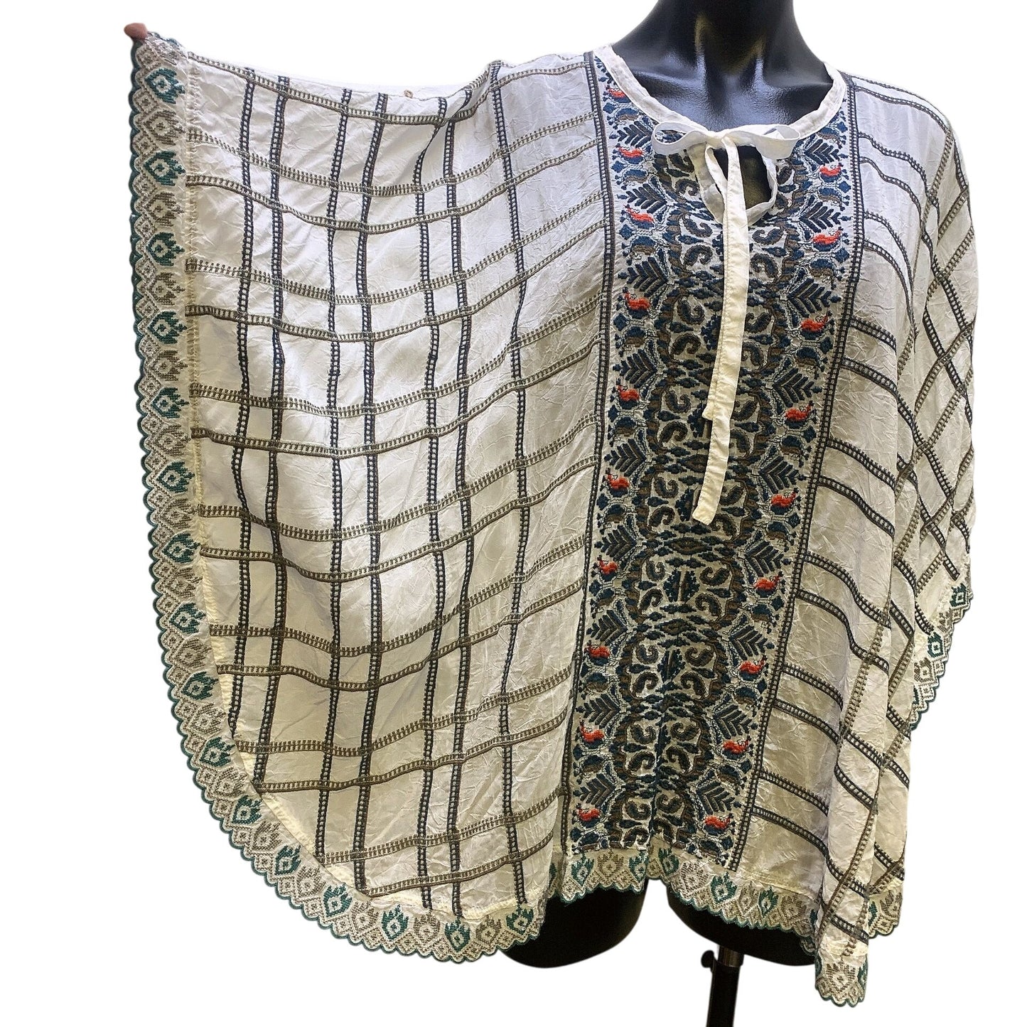 Johnny Was White w/Multicolored Embroidery Sheer Poncho Top, Size Small